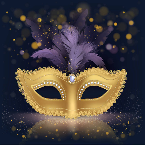 Золотая шелковая маска с пурпурными перьями
 - Вектор,изображение