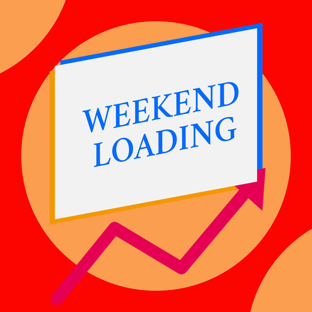 Writing note showing Weekend Loading. Business photo showcasing Starting Friday party relax happy time resting Vacations One blank rectangle above another arrow zigzag upwards increasing sale. - 写真・画像