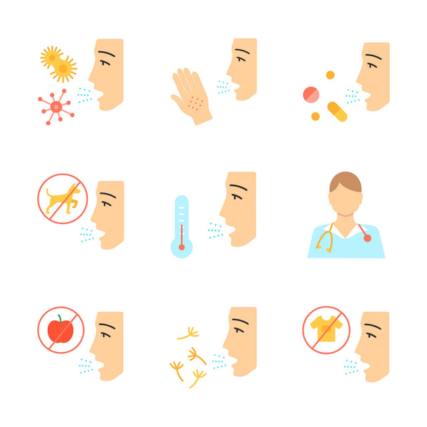 Allergies flat design long shadow color icons set - ベクター画像