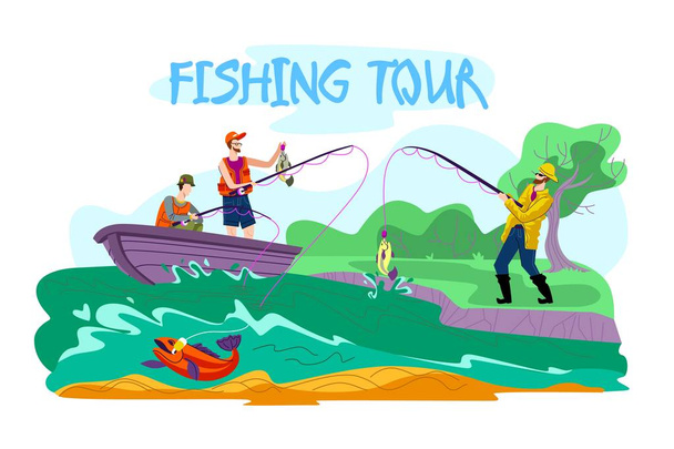 Uitnodiging flyer is geschreven Fishing Tour cartoon. - Vector, afbeelding
