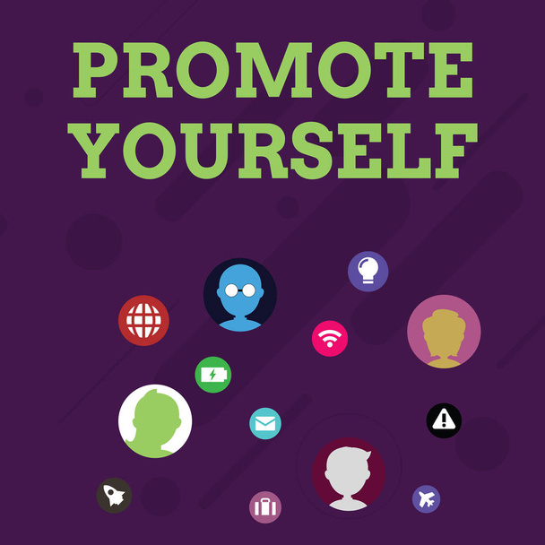Κείμενο γραφής λέξεων Προωθήστε τον εαυτό σας. Επιχειρηματική ιδέα για την αγορά και να εισαγάγει σε άλλους Βελτίωση Ενθαρρύνετε Δικτύωση Τεχνικές Εικόνες με Chat Heads διάσπαρτα στην οθόνη για Link Up. - Φωτογραφία, εικόνα