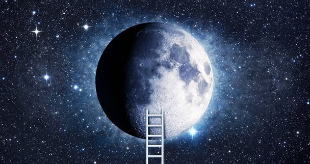 Conceptual image with ladder leading to moon and clouds background - Photo, Image
