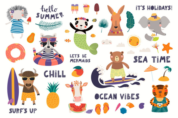 Big summer set with cute animals with quotes and fruits with drinks and pool floats isolated on white background. Scandinavian style flat design. Concept for summer textile print - Vector, Image