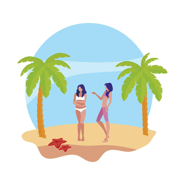 fiatal lányok pár a strandon nyári jelenet - Vektor, kép