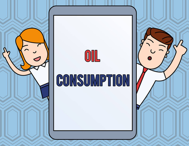 Az olajfogyasztást ábrázoló szöveges jel. Konceptuális fotó ez a bejegyzés a teljes olajat fogyasztott hordó naponta férfi és női index ujjak up érintőképernyős Tablet smartphone eszköz. - Fotó, kép