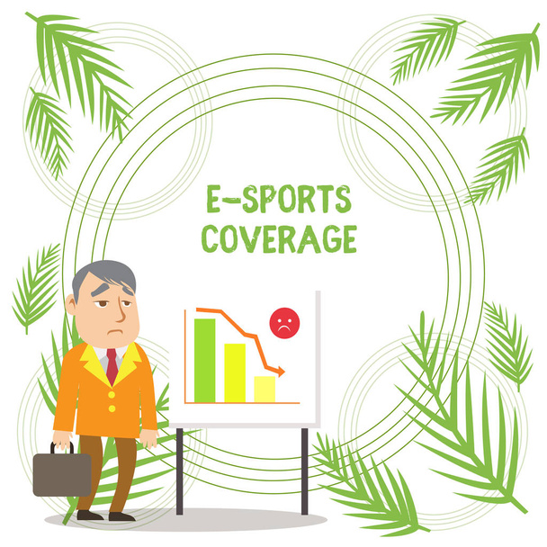 Handwriting text writing E Sports Coverage. Concept meaning Reporting live on latest sports competition Broadcasting Businessman Clerk with Brief Case Standing Whiteboard Declining Bar Chart. - Photo, Image