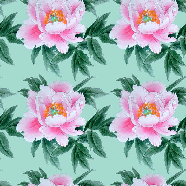 Watercolor illustrations isolated on color background. Seamless pattern with colorful peony. - 写真・画像