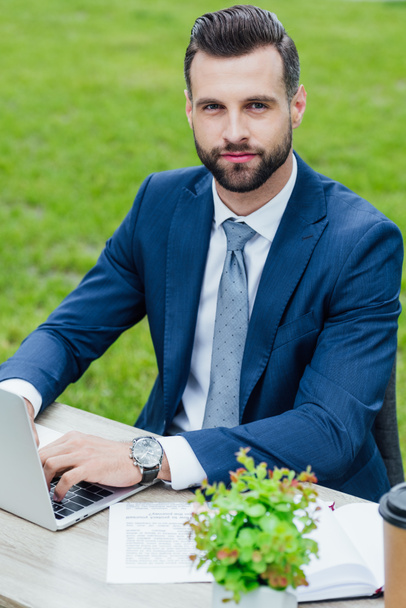 handsome businessman using laptop, sitting in park behind table and looking at camera - Valokuva, kuva