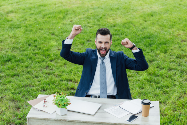 excited young businessman with hands in air sitting behind table in park  - Photo, Image