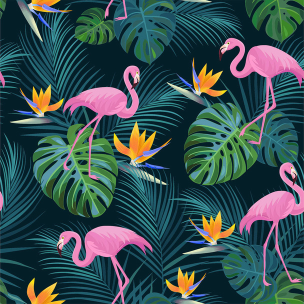 Trendy tropical pattern with flamingos and exotic flowers. Vector seamless texture. - Vector, Image
