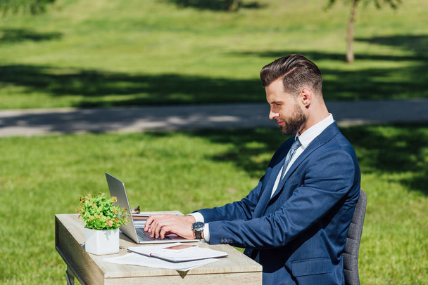 植木鉢やノートとテーブルに座っている間、公園でラップトップを使用してビジネスマンの側面図 - 写真・画像