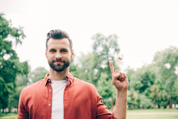 man in red shirt standing in park, looking at camera and pointing with finger - Photo, Image
