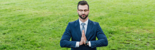 panoramic shot of young man meditating with closed eyes while standing in park - Fotografie, Obrázek