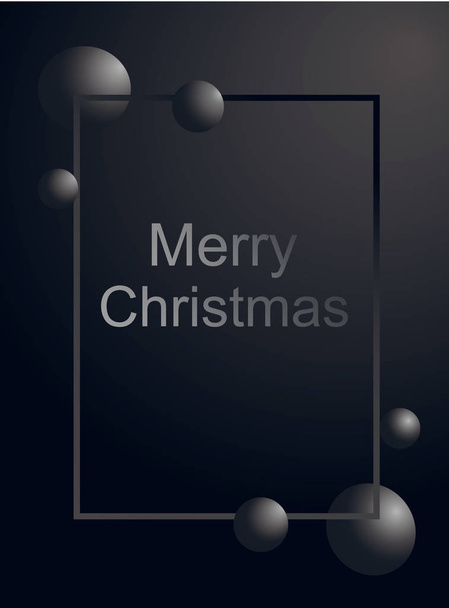 Merry christmas greeting card silver text and gray ball in gradient vertically frame on matte black background. Vector illustration. Happy New Year 2020 flyer or poster design - Vector, Image