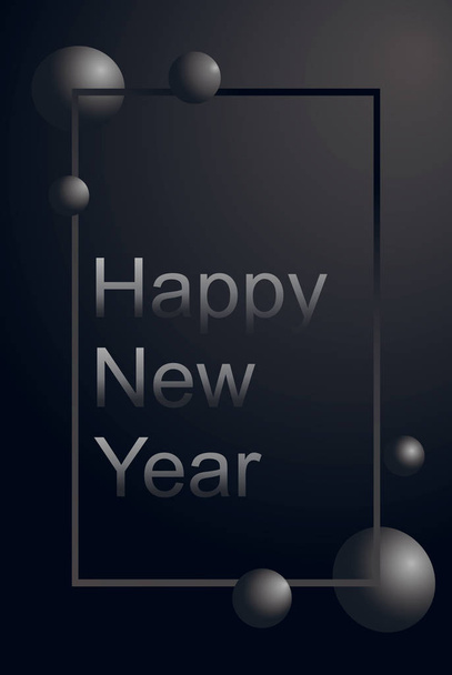 Greeting fashion card and luxury card Happy New Year 2020 and Merry Christmas with silver text and gray bumble balls on a matte black background. Vector illustration - Vector, Image