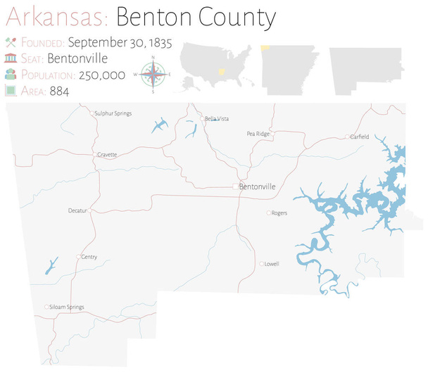 Μεγάλος και Λεπτομερής χάρτης της κομητείας Μπέντον στο Αρκάνσας, Ηνωμένες Πολιτείες. - Διάνυσμα, εικόνα