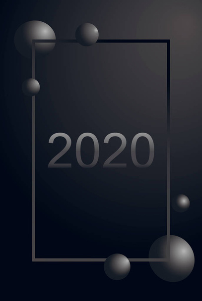 2020年の豪華グリーティングカードシルバー2000と12と灰色のボールは、マットブラックの背景に垂直フレームのグラデーションで。ベクトルイラスト。チラシやポスターデザインのためのメリークリスマス - ベクター画像