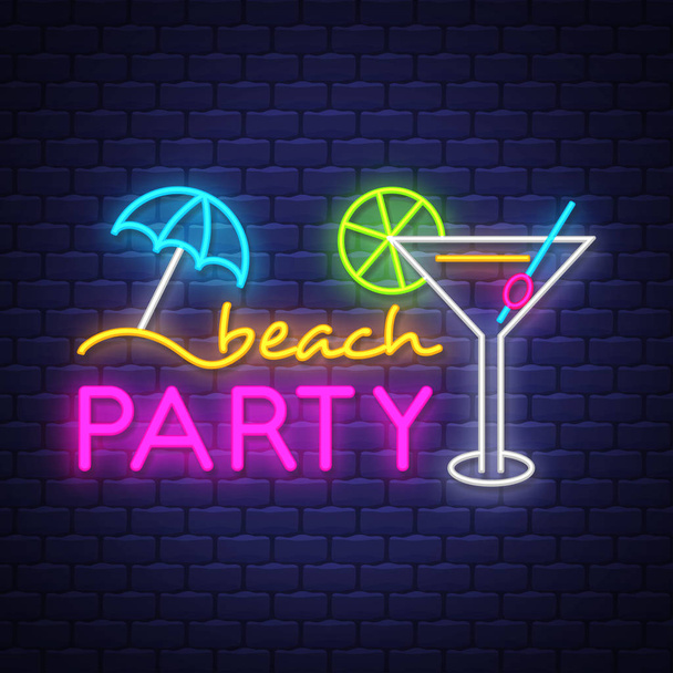 Beach party. Summer holiday banner. Neon banner. Neon sign.  - Vektör, Görsel