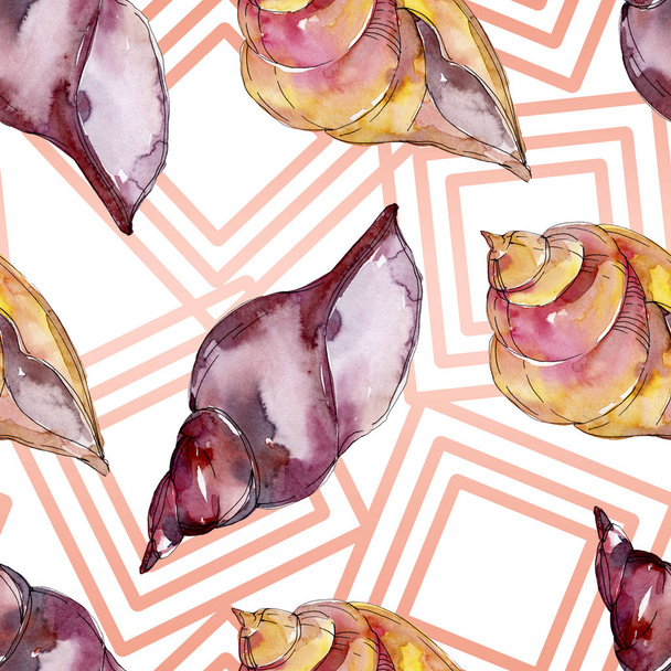 Summer beach seashell tropical underwater elements. Watercolor background illustration set. Watercolour drawing fashion aquarelle isolated. Seamless background pattern. Fabric wallpaper print texture. - Photo, Image