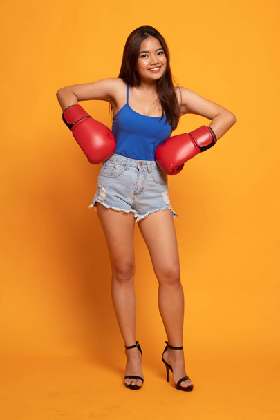 Full body of beautiful young asian woman  with red boxing gloves - Fotoğraf, Görsel
