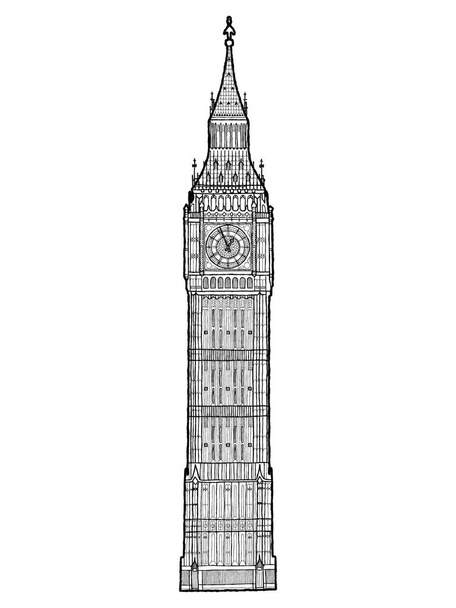 Big Ben, Westminster, Londres, Inglaterra, Reino Unido: Vector ilustração mão desenhada marco Cartoon Art
 - Vetor, Imagem