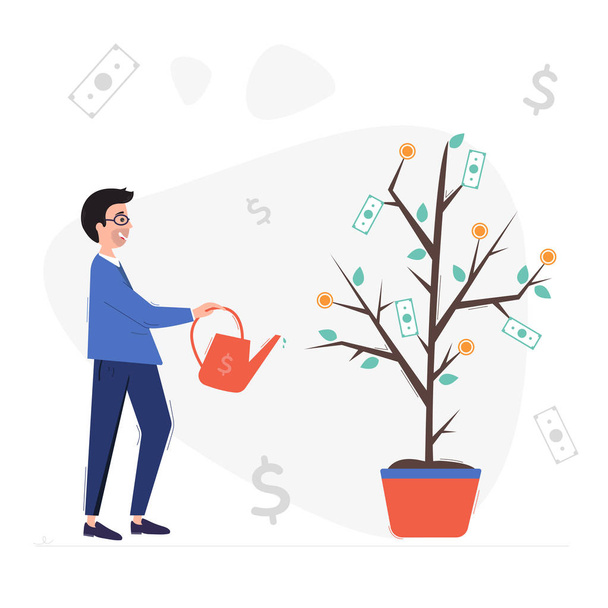 Uomo d'affari che innaffia un albero di soldi - Vettoriali, immagini