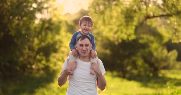 Dziecko siedzi na szyi ojca podczas spaceru w polu letnim o zachodzie słońca - Materiał filmowy, wideo