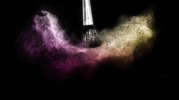 gold and purple powder splash and brush for makeup artist  - Photo, Image
