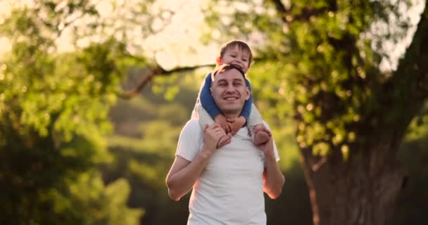 Ένα παιδί που κάθεται στο λαιμό του πατέρα του ενώ περπατάει στο καλοκαιρινό χωράφι το ηλιοβασίλεμα - Πλάνα, βίντεο