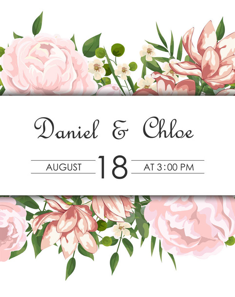 Bruiloft bloemen uitnodigen, invtation, opslaan van de datum kaart ontwerp. Aquarel Blush roze rozen, schattige witte tuin Peony bloemen, groene bladeren, groen Fern, Gouden geometrische decoratie. kaart met pioenrozen - Vector, afbeelding