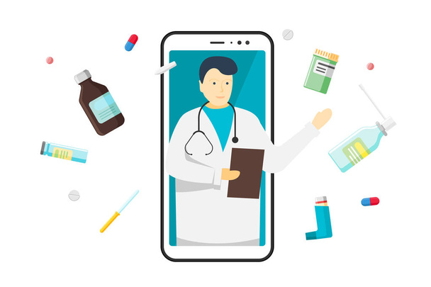 Vector design de banner web conceito plano moderno no telefone móvel com assistência médica medicamentos consulta médica on-line com medicamentos farmacêuticos
 - Vetor, Imagem