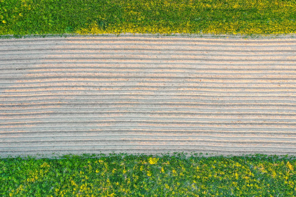 sillons de terre soufflant pour planter des plantes agronomiques dans la campagne d'herbe et de prairies arbres, vue aérienne d'en haut. - Photo, image