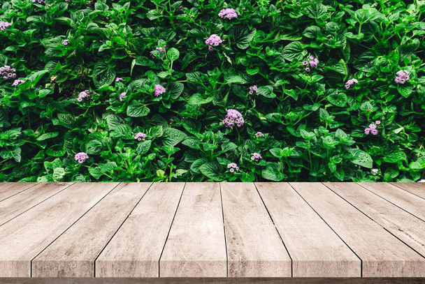 wooden planks on floor and growing green leaves on bush with flowers background - Photo, Image