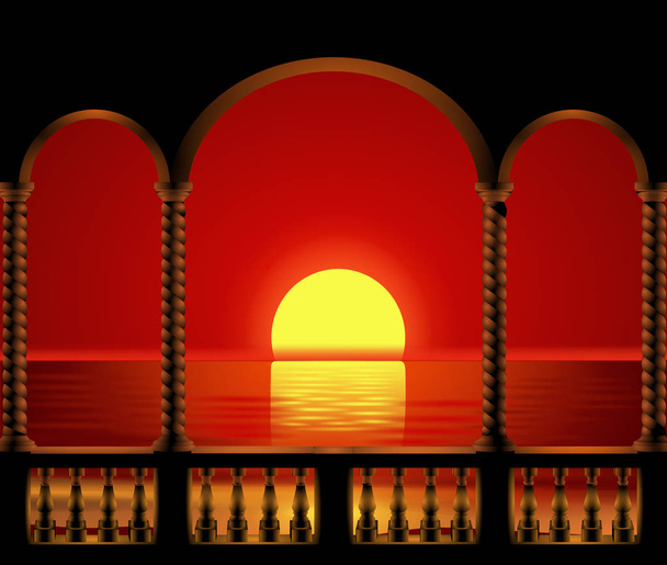 バルコニーからの海の眺めの夕日  - ベクター画像