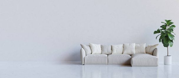 Habitación blanca con sofá y una planta. Ilustración de representación 3D
. - Foto, imagen