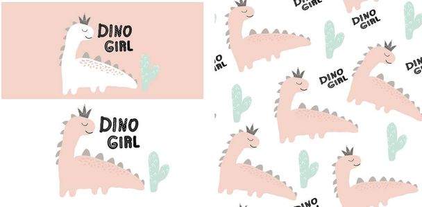set of cute dinosaur print and seamless pattern with dinosaurs. vector illustration - Vector, Image
