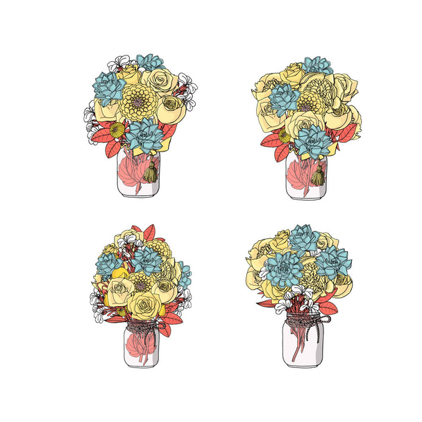 Ramos de garabatos dibujados a mano de diferentes flores aisladas
 - Vector, imagen