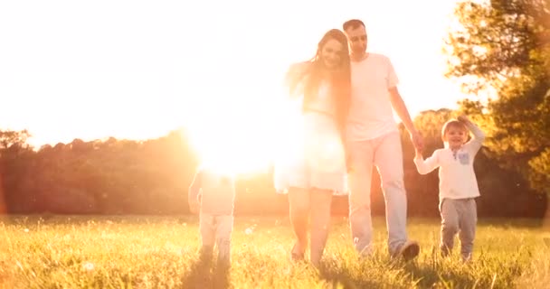 Ευτυχισμένη οικογένεια ο άντρας τους με δύο παιδιά που περπατούν στο γήπεδο στο ηλιοβασίλεμα στο ηλιοβασίλεμα στο φως του καλοκαιριού σε ζεστό καιρό - Πλάνα, βίντεο