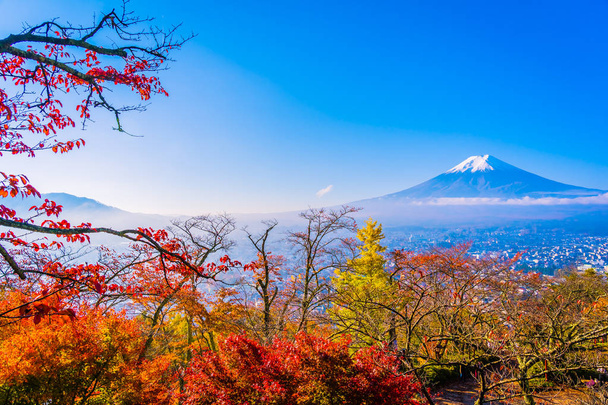 Prachtige landschap van de berg fuji rond esdoorn blad in een - Foto, afbeelding