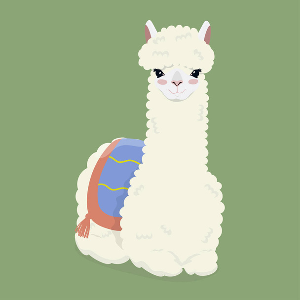 Linda alpaca blanca esponjosa sobre un fondo verde. Imagen vectorial
. - Vector, Imagen