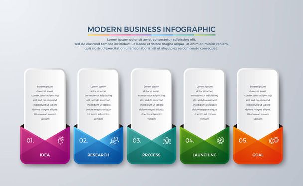 Moderni infografia, jossa on vihreä, violetti, oranssi ja sininen väri, voidaan käyttää prosessiin, vaiheisiin, työnkulun asetteluun ja muuhun. Infografinen Idea, tutkimus, prosessi, käynnistäminen, kasvu, tavoite kuvake
. - Vektori, kuva