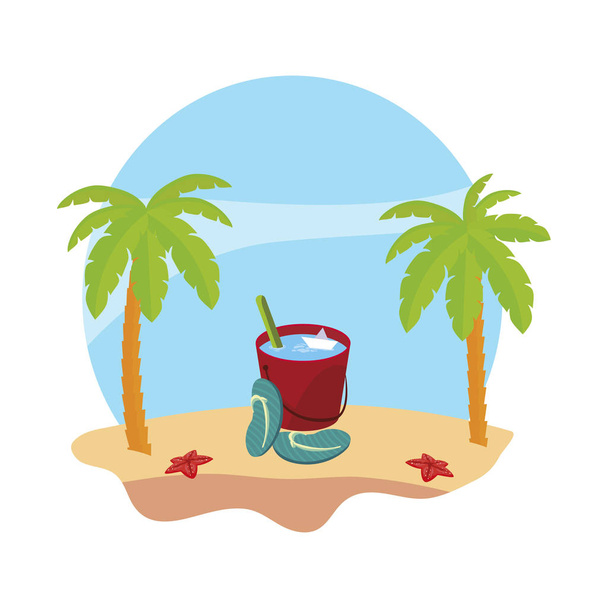 playa de verano con palmeras y chanclas escena
 - Vector, imagen