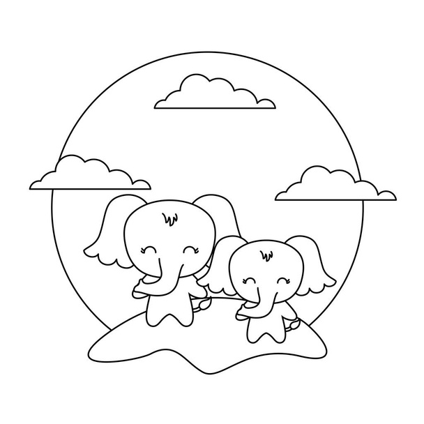 cute elephants animals in landscape - Vector, Image