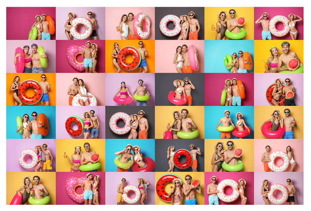 Set of happy couples with bright inflatable rings on color background - Photo, image
