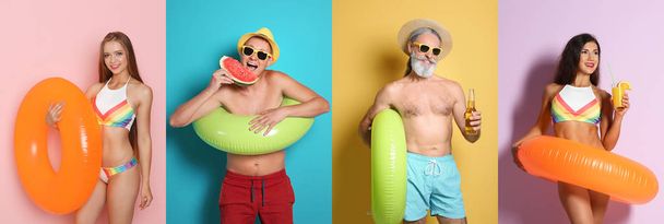Set of people with bright inflatable rings on color background - Zdjęcie, obraz