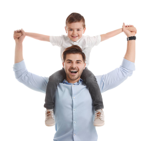 Portrait of dad playing with his son isolated on white - Foto, afbeelding