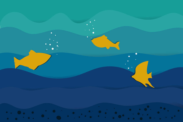 paper cut yellow fish on blue waves - Vector, Image