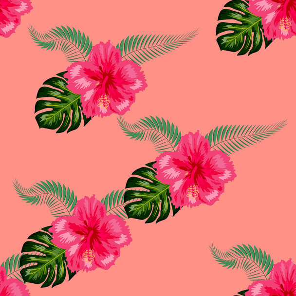 Цветы гибискуса и букеты пальмовых листьев
 - Вектор,изображение