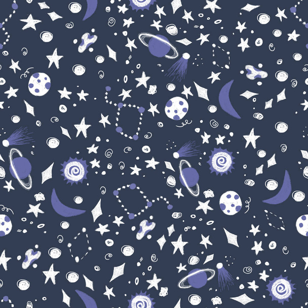 Space seamless pattern with planets, comets, constellations and stars. Night sky hand drawn doodle astronomical background - Foto, afbeelding