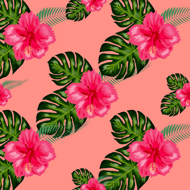 Tropische hibiscus bloemen en Palm bladeren boeketten naadloze patroon - Vector, afbeelding